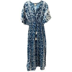 World Market Maxi Dress Womens L/XL Blue White Elastic Waist V-Neck Eyelet Front